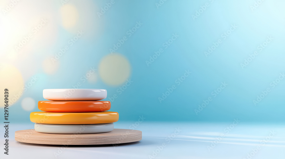 Poster stack of colorful, round, floating layers on wooden base against soft blue background with bokeh effect, creating serene and modern design
