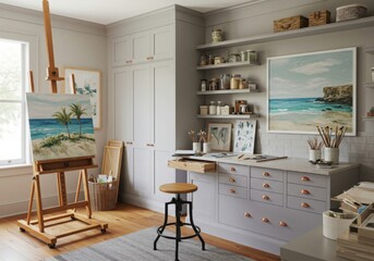 Fototapeta premium Sage purple Light Wood Art Studio design Traditional Coastal decor