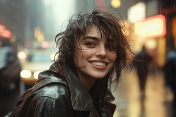 Fototapeta premium Smiling young woman in rainy urban environment new york city portrait photography vibrant mood close-up lifestyle concept