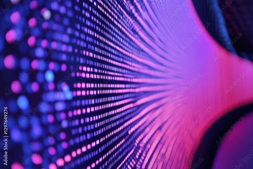 Aufkleber Visual display of vibrant light patterns in an abstract digital art installation showcasing colorful dots and waves in a dark environment