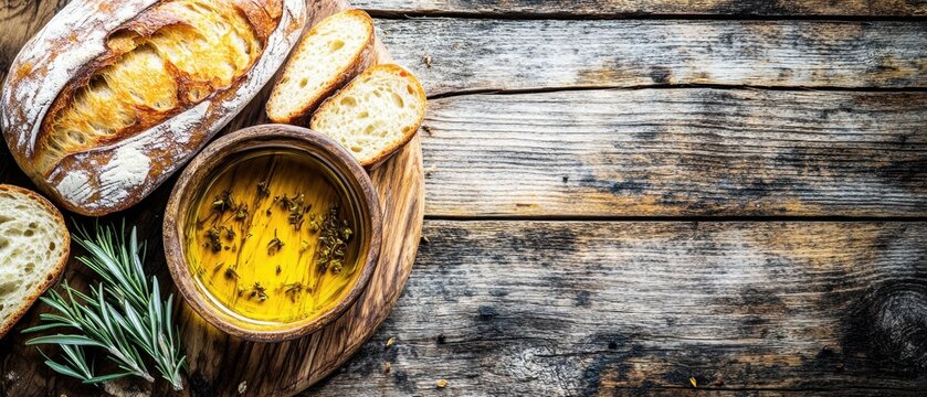 Rustic bread with olive oil and rosemary sprigs on wooden board a culinary delight for gourmet food enthusiasts showcasing natural light and artisan baking
