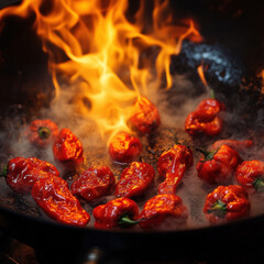 Red hot chili peppers burning in a fiery blaze at night with orange and yellow flames, creating a warm and dangerous atmosphere of energy and smoke