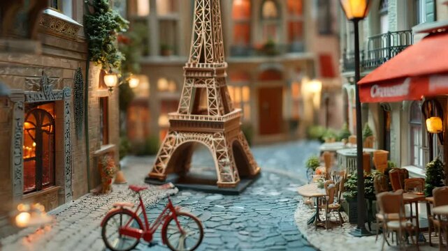 A charming miniature model of a Parisian street featuring a glowing Eiffel Tower, cozy caf&eacute;s, cobblestone roads, and a red bicycle. The warm lighting and intricate details create a romantic 