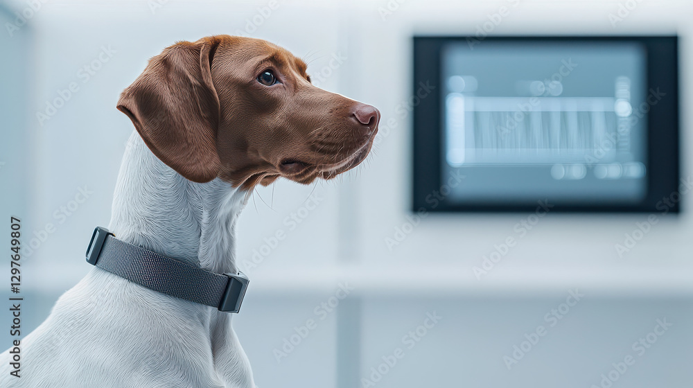 Poster dog wearing collar sits attentively in high tech pet rehabilitation center, with digital screen disp