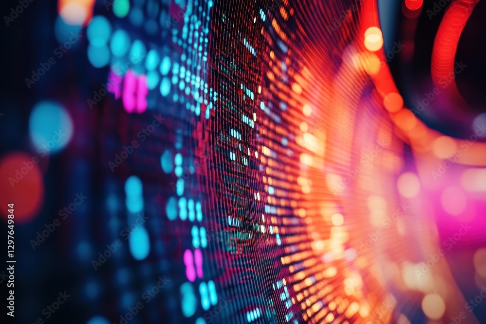 Poster Visual display of vibrant light patterns in an abstract digital art installation showcasing colorful dots and waves in a dark environment