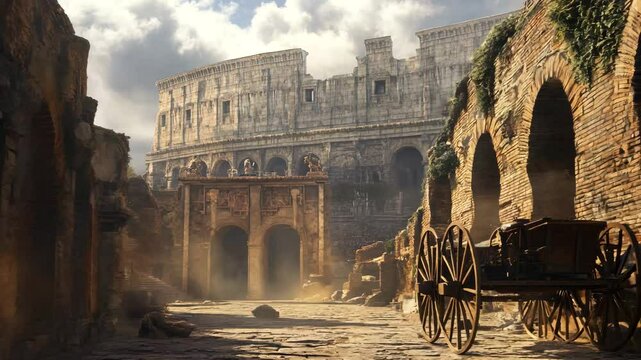 A dramatic depiction of the Colosseum in ancient Rome, surrounded by weathered brick arches, intricate statues, and an abandoned wooden chariot. The moody lighting and dust-filled atmosphere 