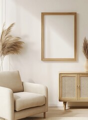 Empty frame, beige armchair, wooden cabinet, sunlit living room