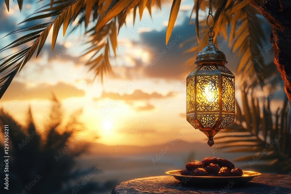 Poster beautiful lantern hangs from tree at sunset with dates arranged on a plate in the desert