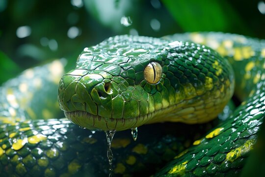 Green tree python slithering in the rainforest during a tropical rainstorm