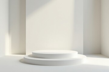 Fototapeta premium Minimalist white circular podium in a sunlit room with off-white walls