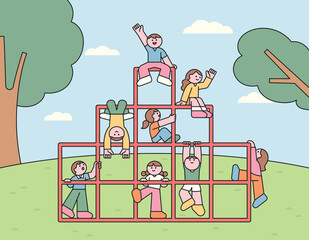 A fun and cheerful vector illustration of children playing on a jungle gym at the playground. A bright and playful artwork representing childhood joy, friendship, and adventure.