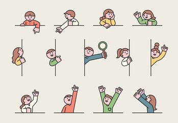 A fun and interactive vector illustration of people in various poses and gestures. A modern and minimal digital artwork depicting expressions, curiosity, and communication.