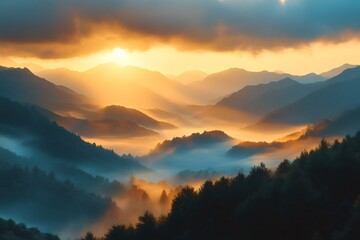 Fototapeta premium Golden sunrise illuminating misty mountain valley landscape