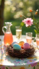 Colorful Easter table setting with decorated eggs in a straw nest - Generative AI