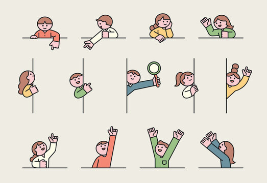 A fun and interactive vector illustration of people in various poses and gestures. A modern and minimal digital artwork depicting expressions, curiosity, and communication.