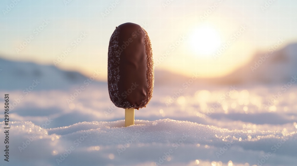 Poster chocolate covered popsicle standing in snow at sunset creating a unique winter treat experience. gen