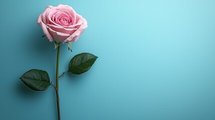 Single Pink Rose on a Blue Background: Symbolizing Love and Romance for Elegant Design and Decorative Use