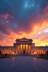 Obraz premium Majestic Classical Building at Sunset with Illuminated Columns and Expansive Foreground