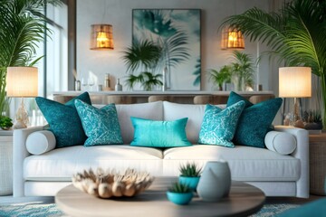 Modern living room with white sofa and turquoise cushions showcasing tropical interior design