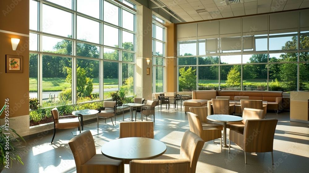 Poster modern room with multiple seating areas and large expansive windows