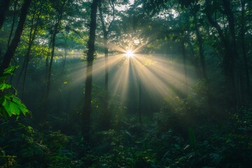 Naklejka premium Sun rays shining through trees in misty forest at sunrise