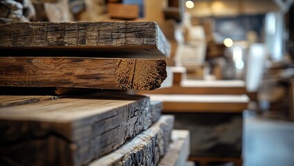 Close Up of Stacked Rustic Brown Wooden Planks in a Workshop