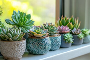 Various succulents arranged on a windowsill with natural light illuminating their vibrant colors in a cozy indoor setting