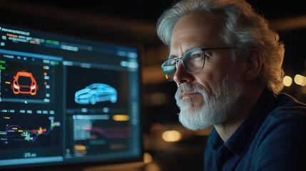 Senior Professional Analyzing Automotive Data on Computer Screen with Augmented Reality Graphics at Night
