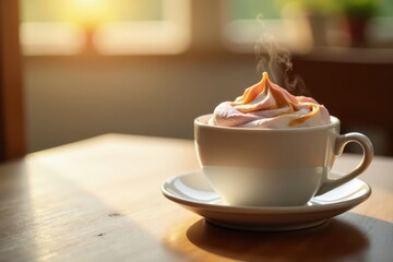 Warm Drink with Whipped Cream Topping in Morning Sunlight on Wooden Table