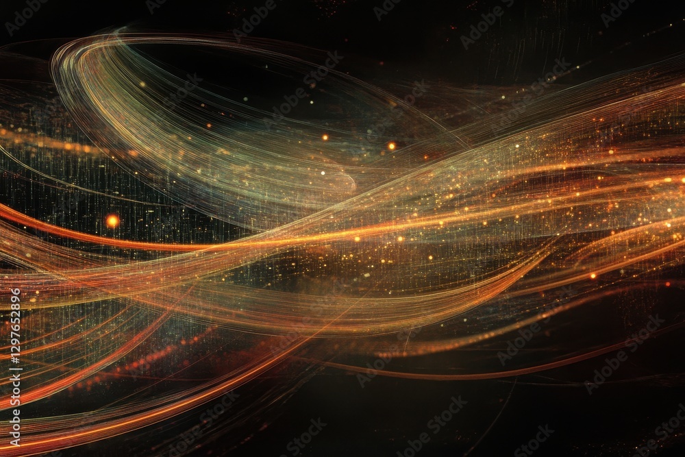 Poster Swirling golden and orange light trails create an abstract display of movement and energy in a dark background