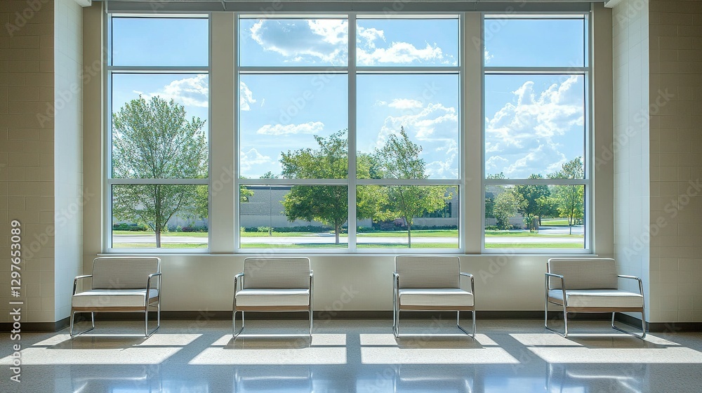 Poster four chairs are in front of a large window inside a building