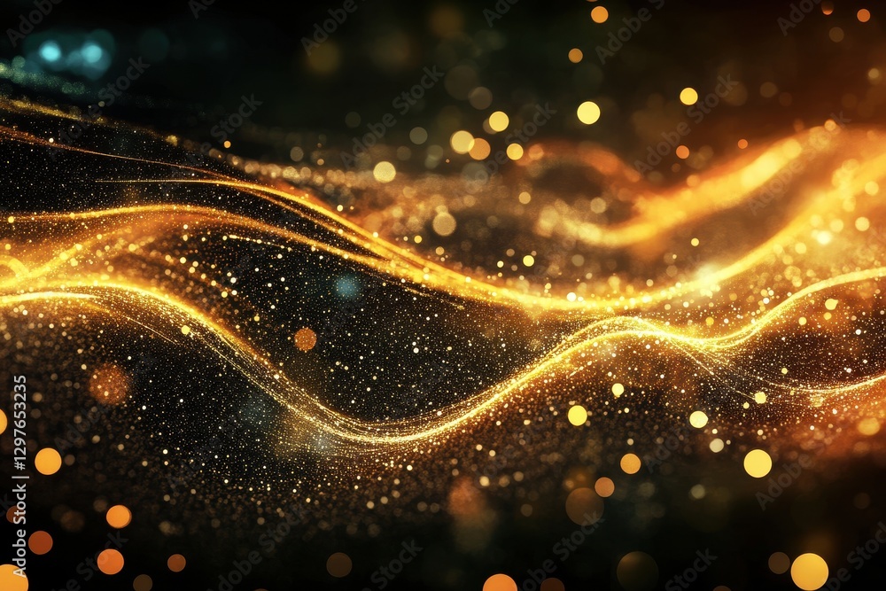 Poster Swirling golden and orange light trails create an abstract display of movement and energy in a dark background
