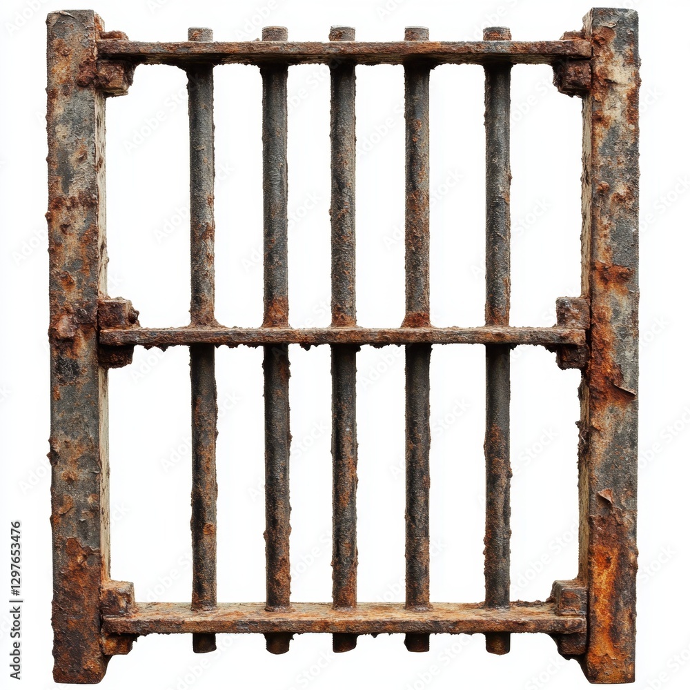 Aufkleber weathered iron gate section against white backdrop capturing industrial decay and architectural deta