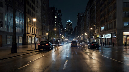 Fototapeta premium Nighttime Urban Street in European City with Reflections and Modern Architecture: Vibrant Cityscape Photography