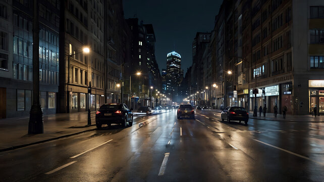 Nighttime Urban Street in European City with Reflections and Modern Architecture: Vibrant Cityscape Photography
