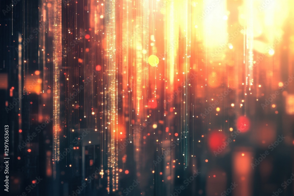 Poster Swirling golden and orange light trails create an abstract display of movement and energy in a dark background