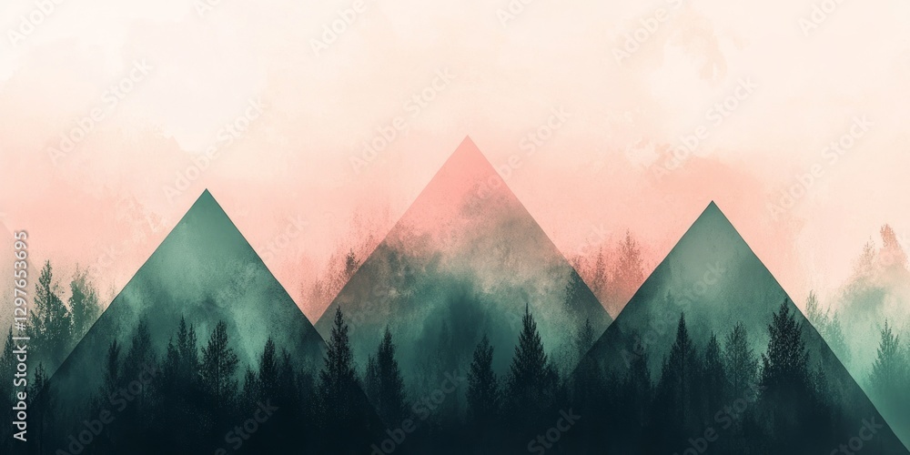 Poster abstract landscape with triangles and forest in soft colors