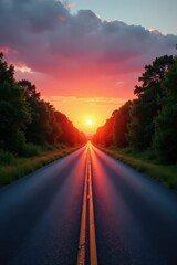 Obraz premium Asphalt Road Leading to a Vibrant Sunset with Trees on Both Sides