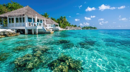 Fototapeta premium Luxury overwater villas stand above clear turquoise ocean water with visible coral reefs under a bright blue sky.