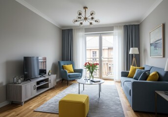 Fototapeta premium soft Blue grey yellow Living Room design Zen Art Deco decor