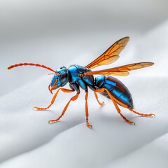 Highly detailed and sharply focused professional photograph of a single Tarantula Hawk Wasp