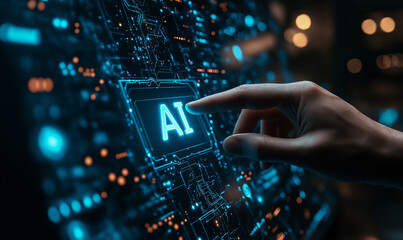 Obraz premium Futuristic digital interface showing a woman touching an AI icon, representing advanced technology and networks.