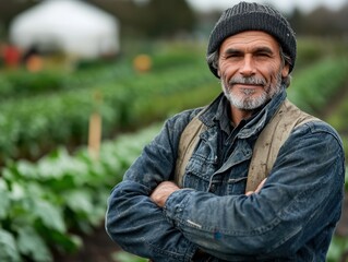 Fototapeta premium Portrait of a Smiling Farmer with Crossed Arms Standing in His Lush Green Field on an Overcast Day Capturing the Essence of Rural Life