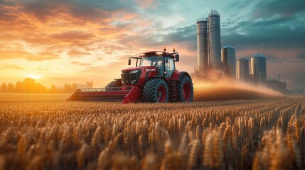 Obraz premium Tractor Farming in Wheat Field at Sunset