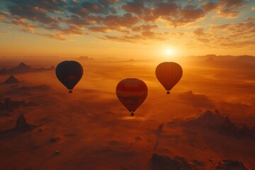 Fototapeta premium Hot air balloons flying over Wadi Rum desert at sunset