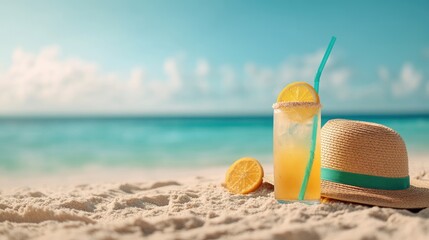 Refreshing Summer Drink on Tropical Beach Sand with Lemon and Straw Hat