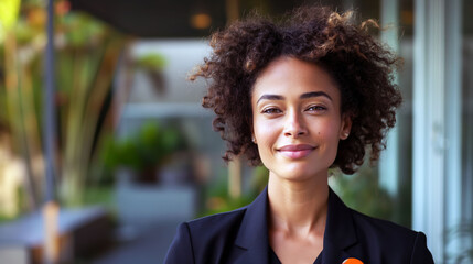 Real estate agent with curly hair introduces modern property in minimalistic setting