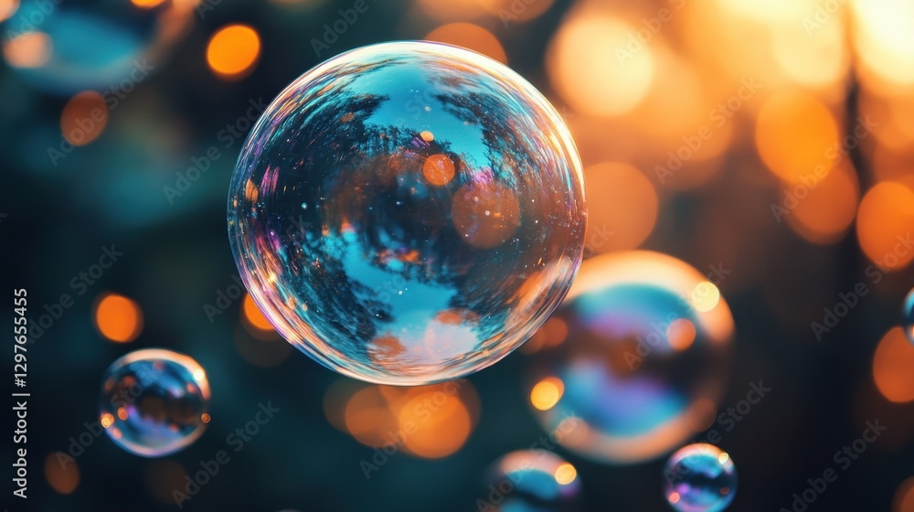 Poster Bubbles floating in vibrant and colorful atmosphere with soft light reflections creating a dreamy effect
