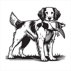 vector Labrador retriever/ Brittany Spaniel dog standing and holding a duck in its mouth