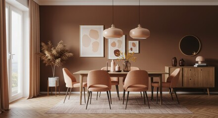 Chocolate Brown Soft Peach Dining Room design Boho Muji decor